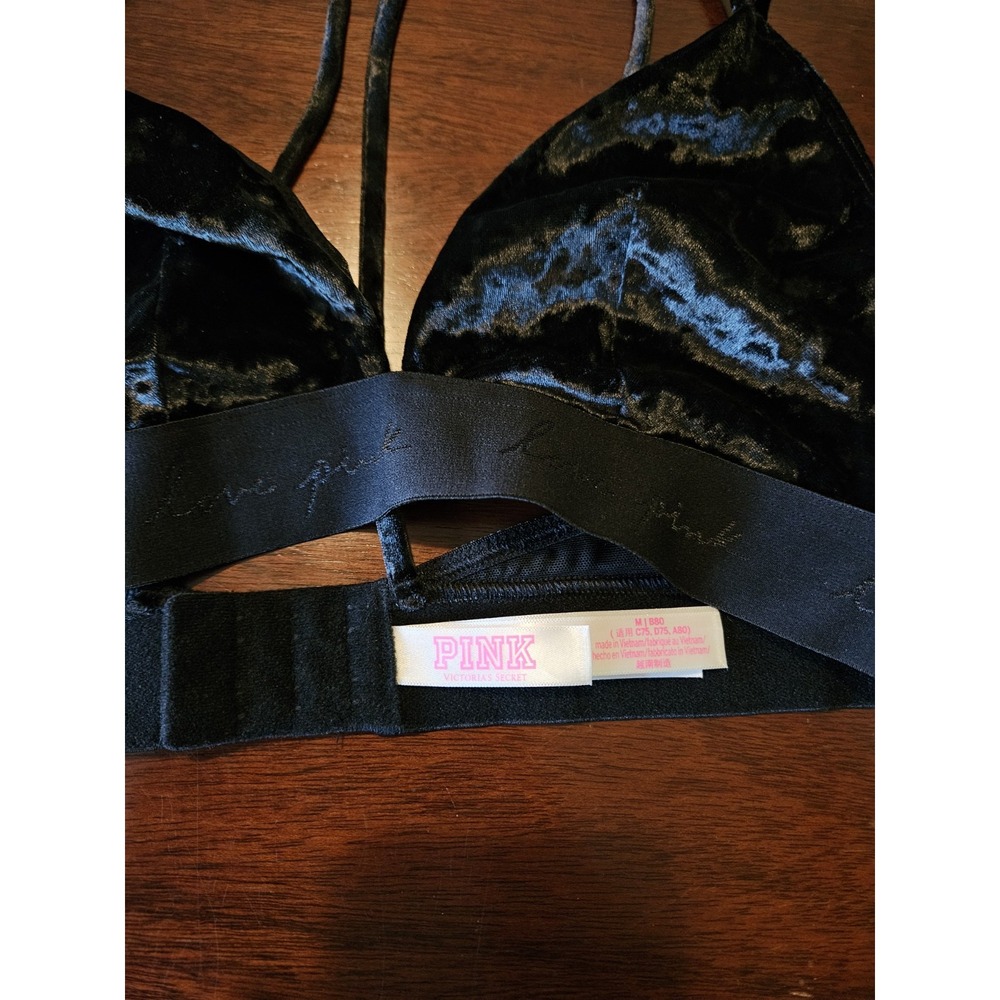 Victoria's Secret Black Velvet Bralette Love Pink Size Medium Grunge Festival - Picture 7 of 12